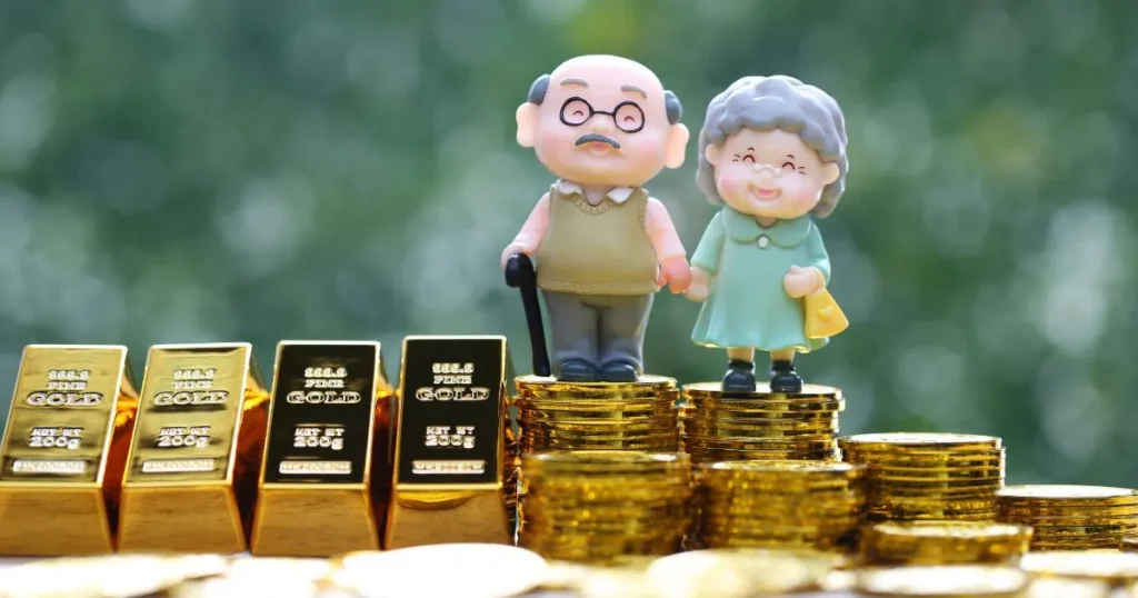 Cartoon of old married couple standing on their assets