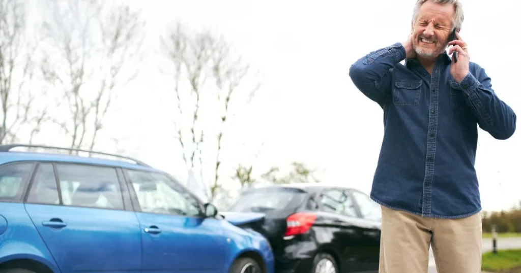 Man on the phone, holding his neck in pain after a car accident.