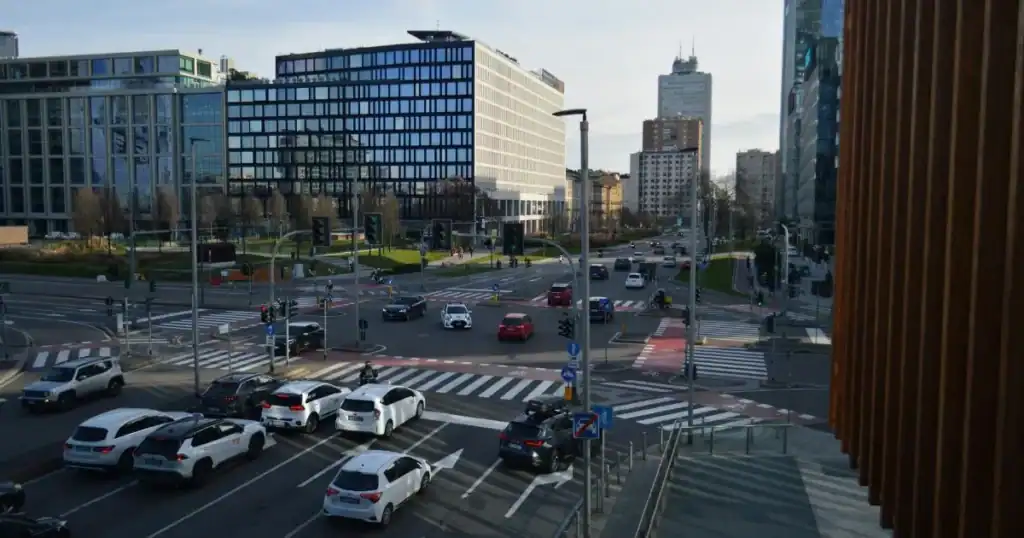 Busy city intersection with multiple lanes and modern buildings in South Carolina.