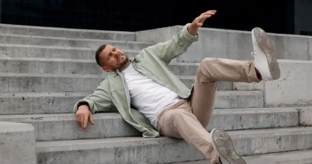 Man falling down stairs after slipping or tripping.